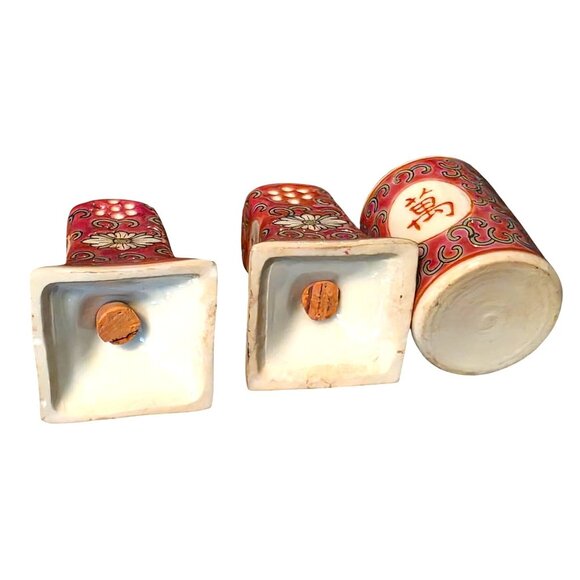 3 pc Vintage Asian Ceramic Salt & Pepper Shakers Toothpick Holder Pink Floral - Picture 9 of 11